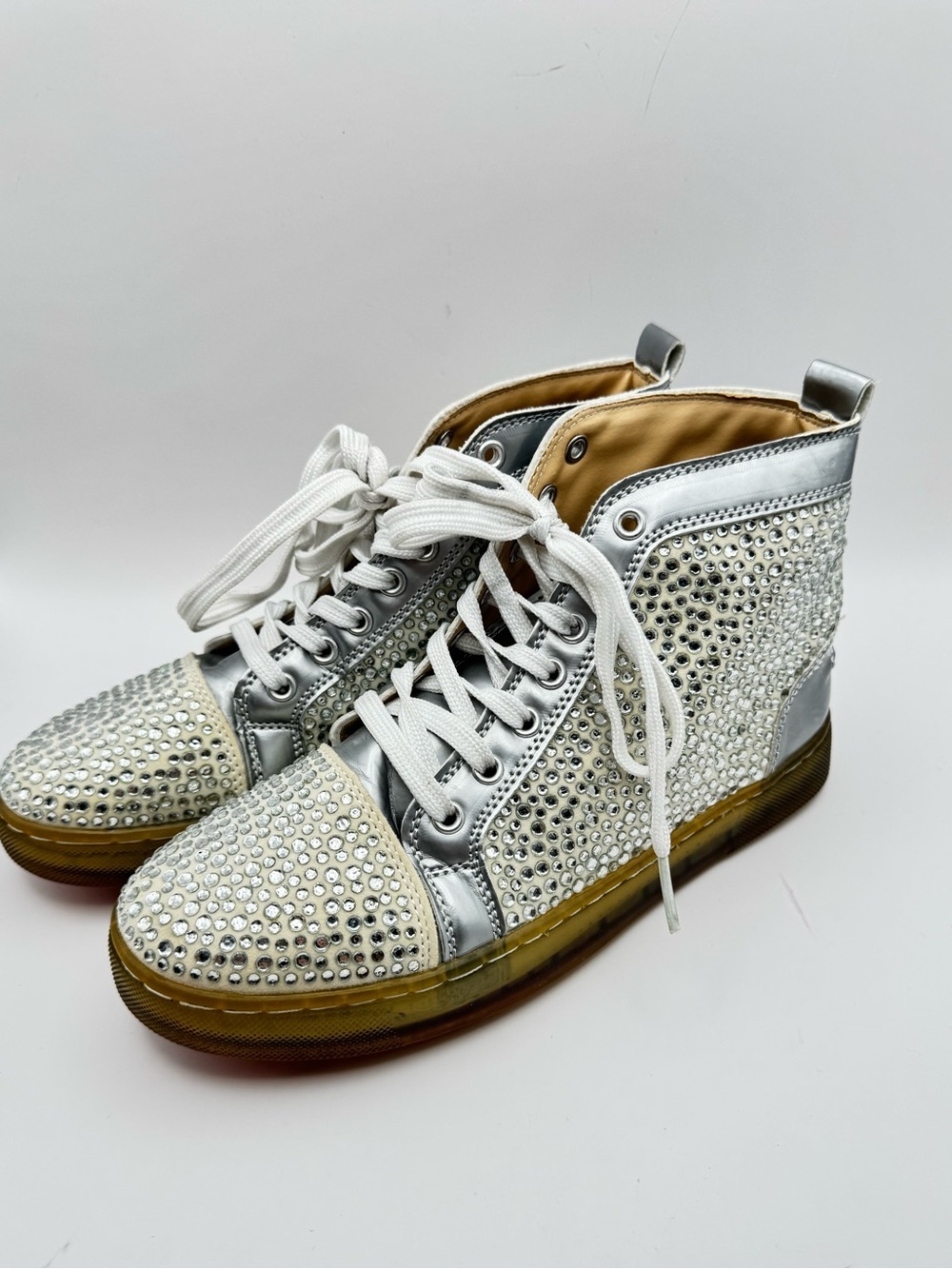 Christian Louboutin Louis Strass Rhinestone High Top Sneakers Silver EU 37 READ